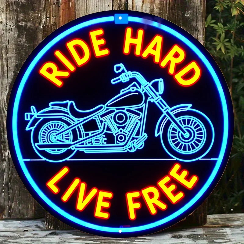 Tin Sign - Vintage Durable Metal Plaque Wall Decor, Ride Hard Live Free Motorcycle Neon Style Themed Home Office Bar Man Cave Wa