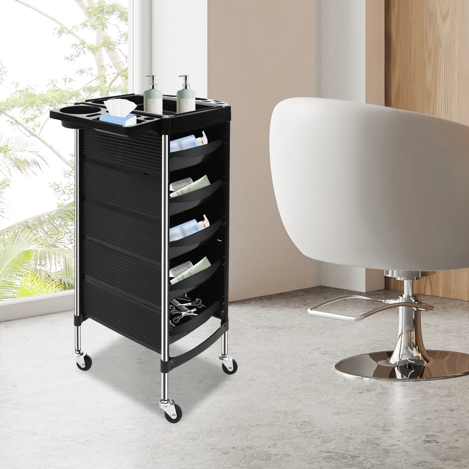 Chariot de salon de beauté à 6 niveaux avec 5 tiroirs, chariot de coiffure roulant à 360° °   Roulettes pivotantes et cadre en acier inoxydable, organisateur de rangement noir pour salon, spa