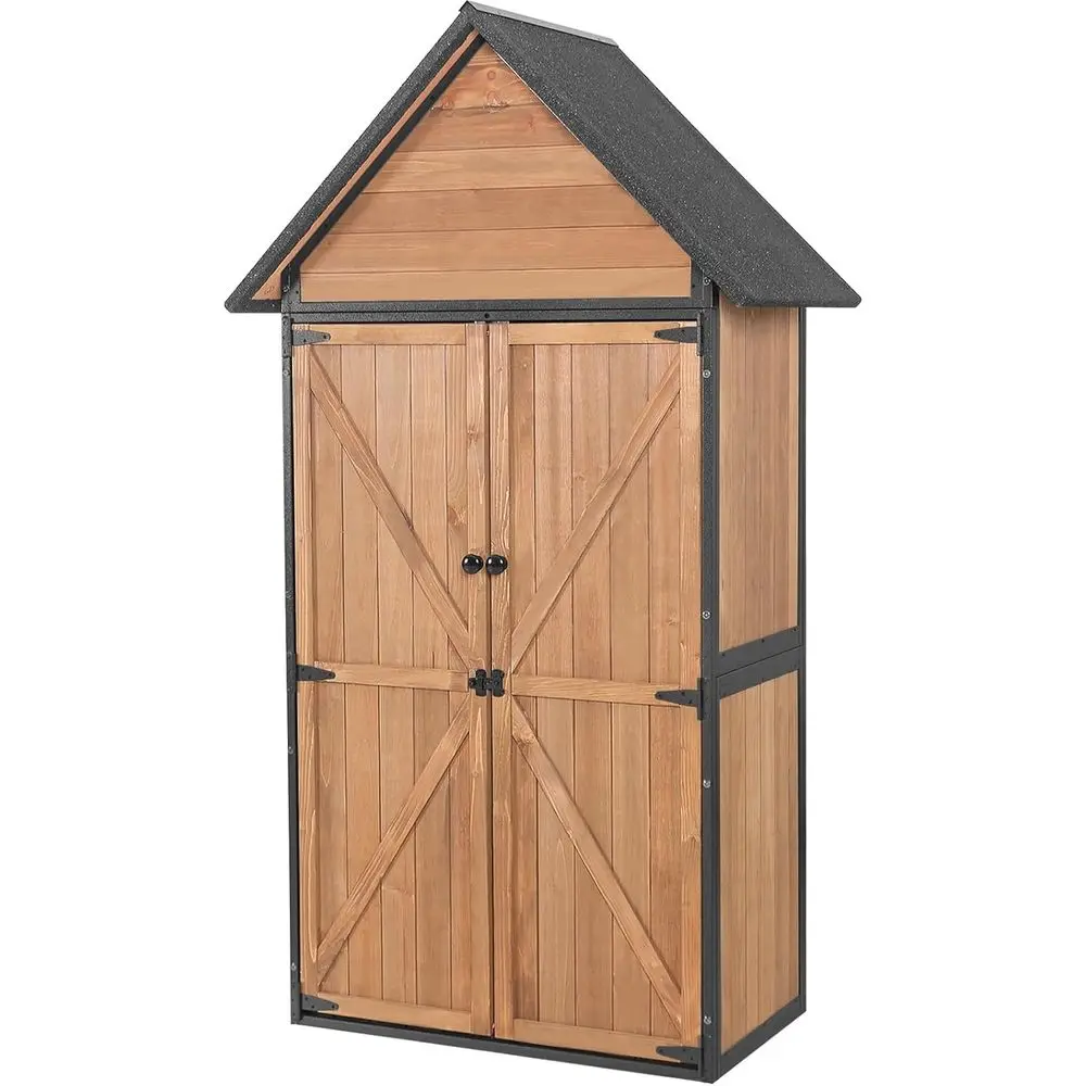 Durable Outdoor Metal and Wood Storage Cabinet with Adjustable Shelves and Waterproof Roof (Brown)