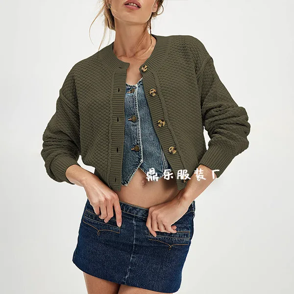 

Женский однобортный однобортный однотонный повседневный модный простой базовый вязаный свитер с круглым вырезом, кардиганы, осенне-зимние новые модные пальто