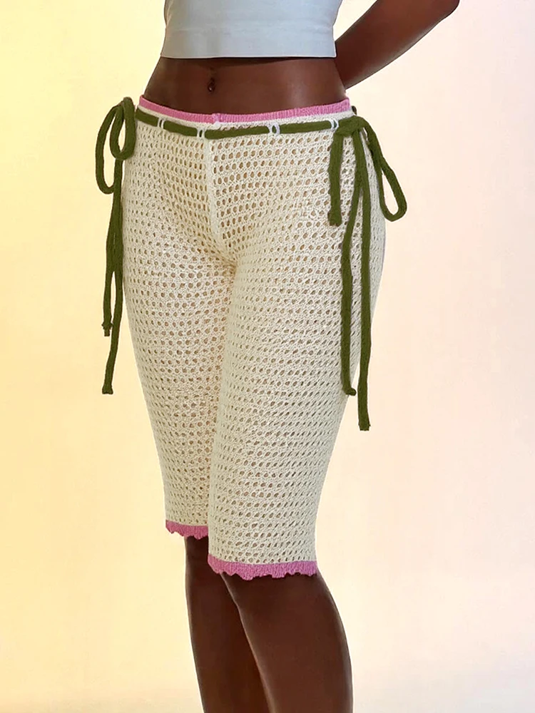 Macheda Kontrast Patchwork Shorts Frauen Häkeln Hohl Raffen Verband Hohe Taille Dünne Stretch Wrap Hüfte Sexy Mode Böden