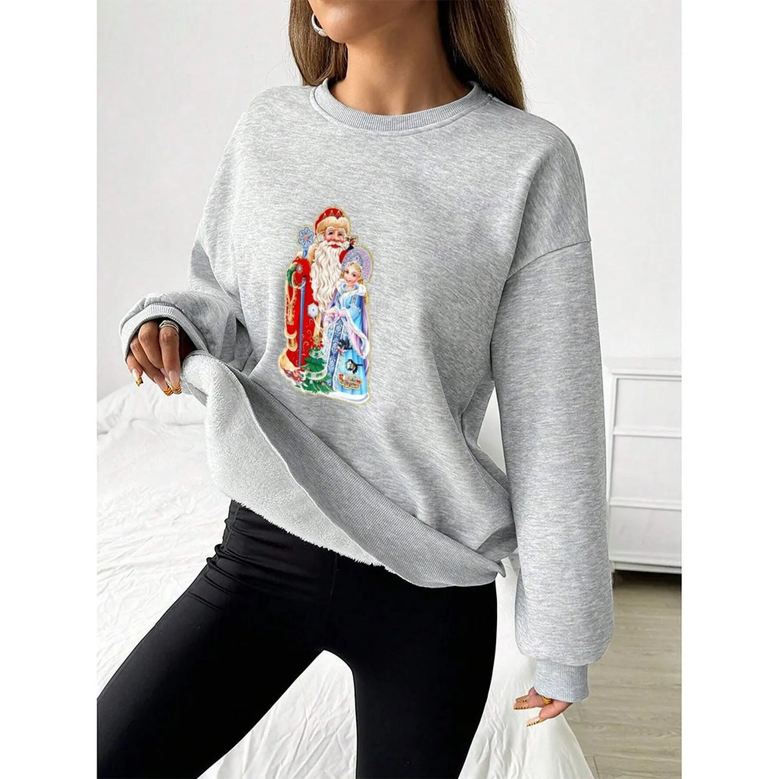 

Round Neck Women's Sweatshirt Long Sleeve Pullovers Velvet Winter Casual Novy God Russian New Year Printed Pattern Sweater