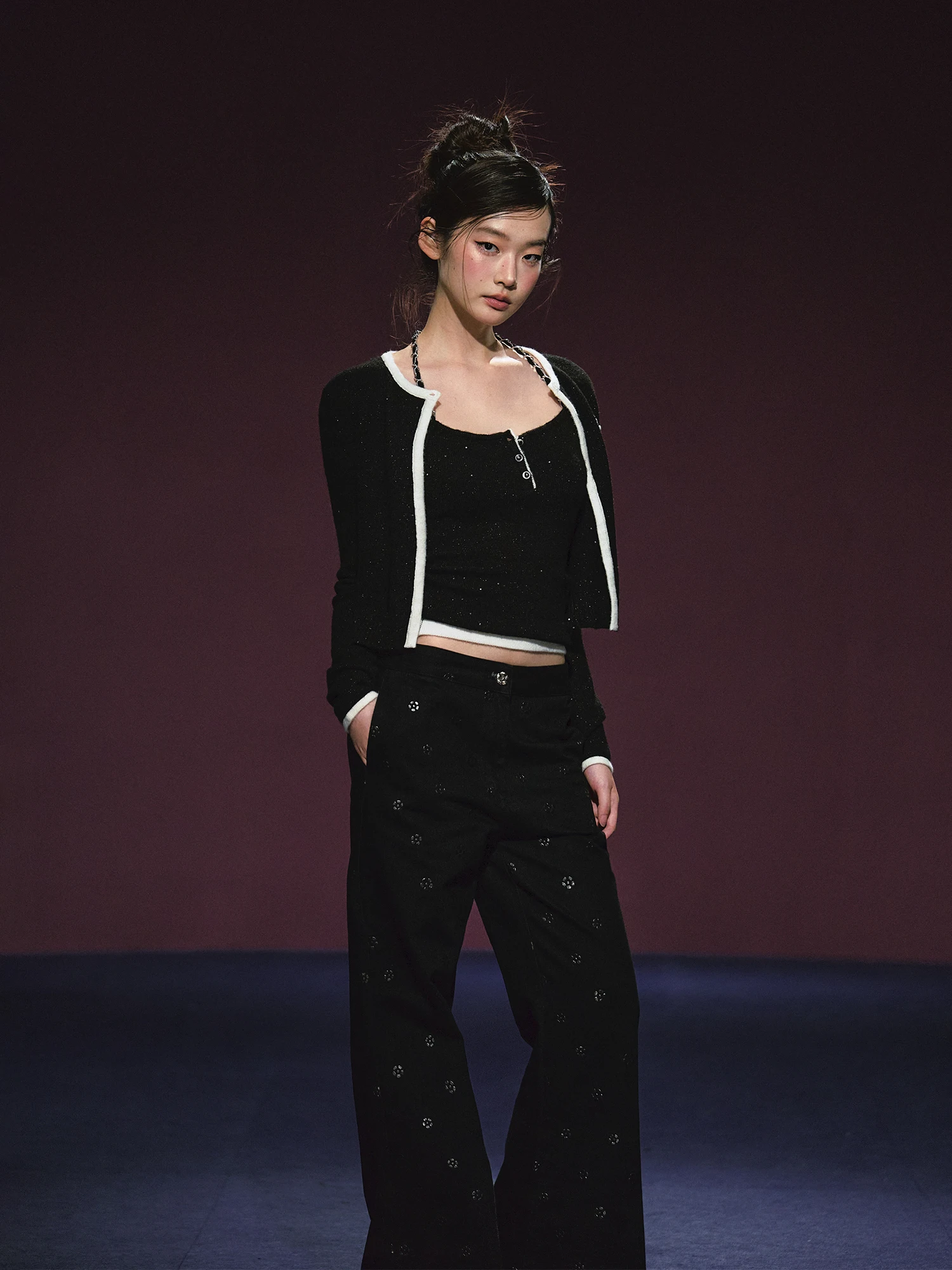 

AGAM Original Galaxy iny Chain Nelace oulder Open Cardigan Set Women's Faion Set Long Sve Winter Autumn Adult