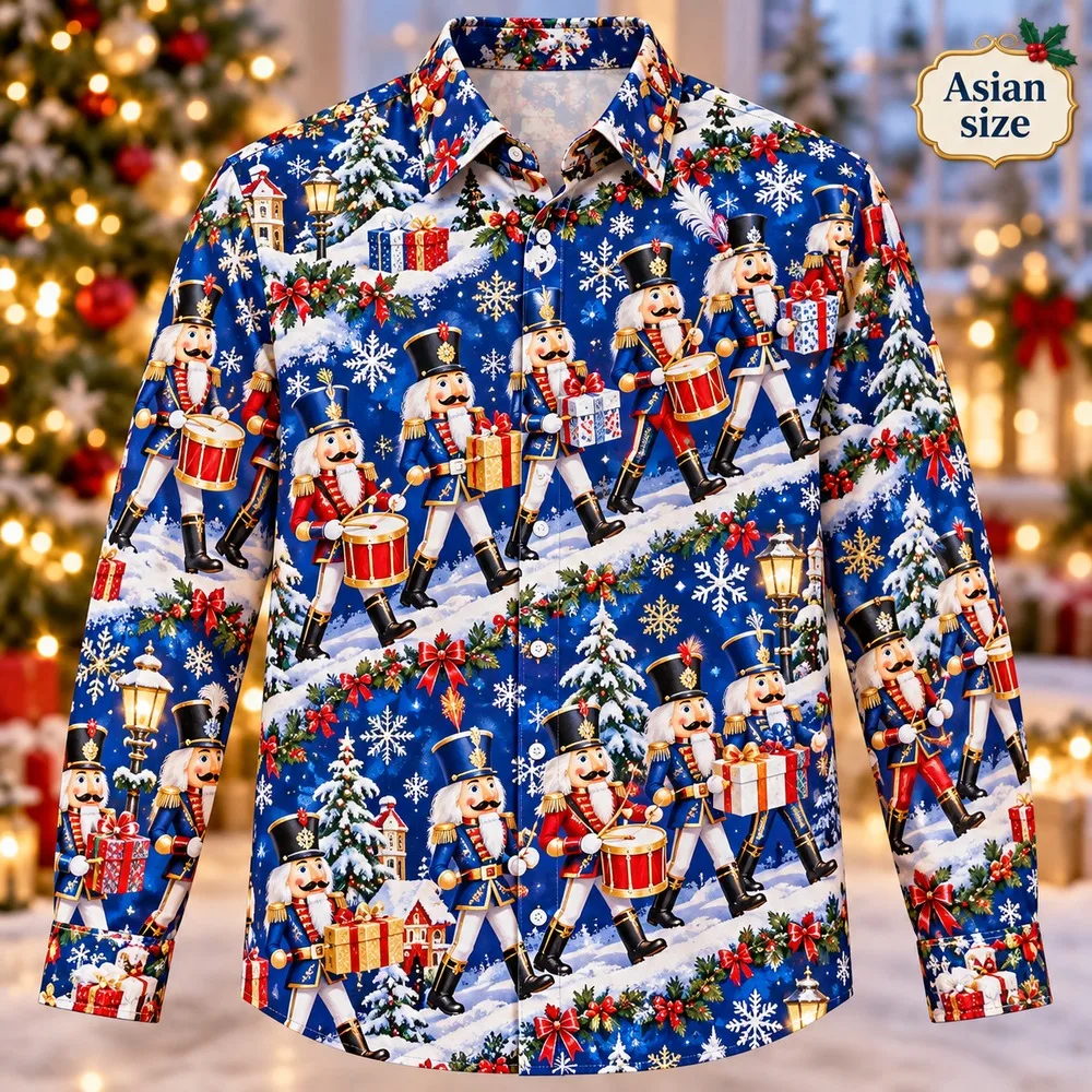 2026 Christmas Nutcracker Parade Long Sleeve Button Down Shirt for Men 3D Print Polyester Holiday Party Festive Winter Shirts