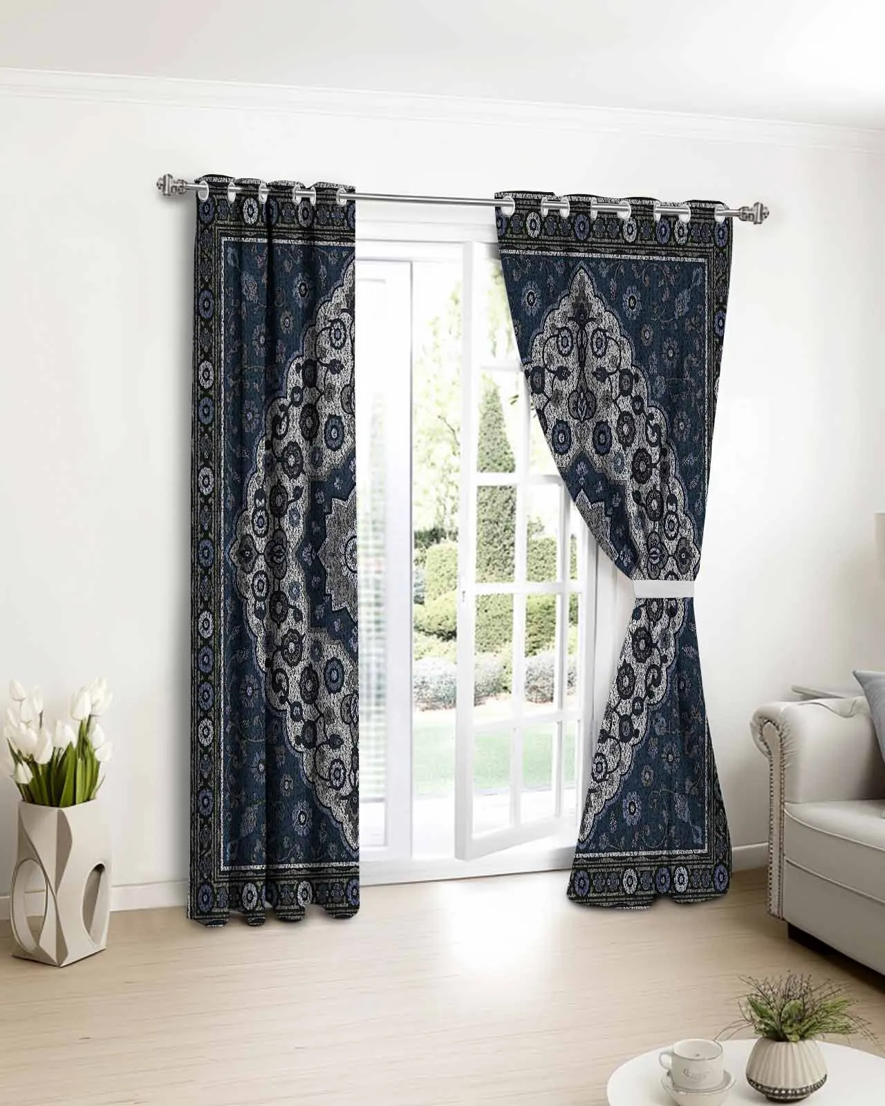 

2pcs, 1 panel Boho Navy Blue Tribal Flower Polyester Window Curtains For Living Room Kitchen Bedroom Drapes