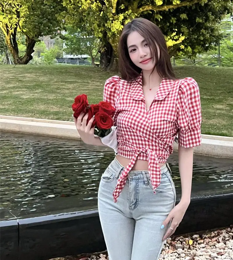 Summer 2024 Women\'S Clothing Fashion Plaid Short Sleeve Shirt French Waist Puff Sleeve Short Top Hot Girl Pink Shirt