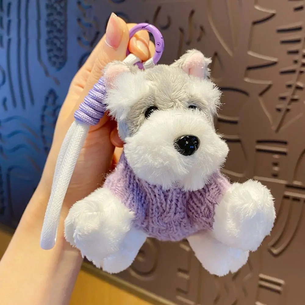 Kawaii Cartoon Plush Schnauzer Keychain Charm Accessory Handbag Pendant Wearing Sweater Puppy Keychain Wearing Purple Sweater