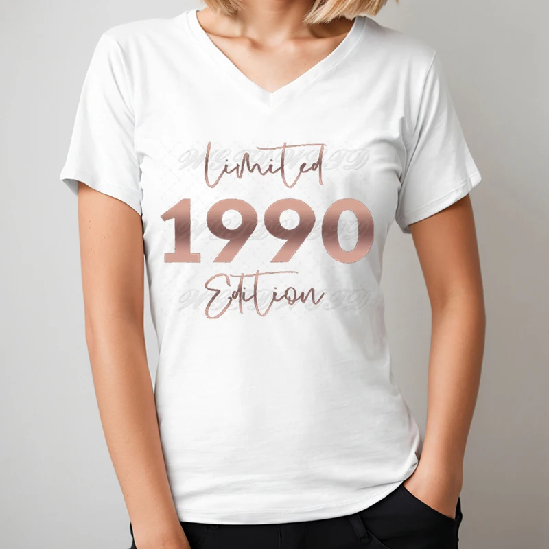 35th Birthday T-Shirt for Women Born 1990 To 1999 V-neck Short Sleeve Tee Shirt 1990 Limited Edition Print Fashion Summer Tops