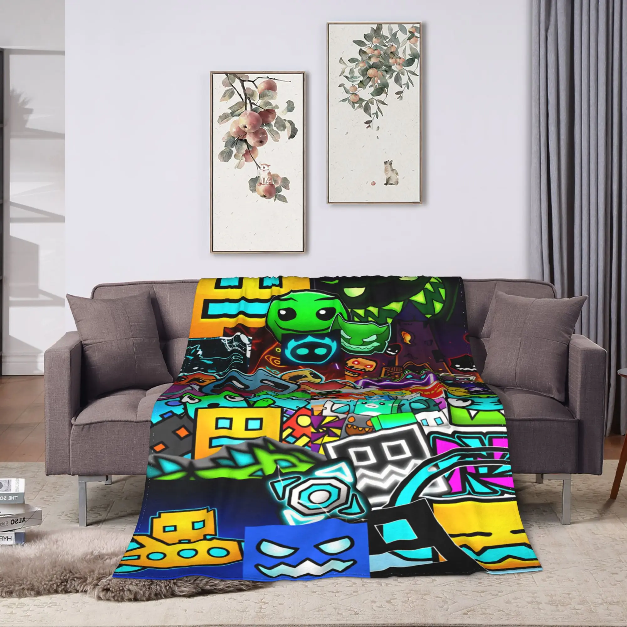 Geometry Dash Games Flannel Blanket Winter Super Soft Throw Blanket for Girls Boys Home Decor Street Trend Bedspread Bed Cover