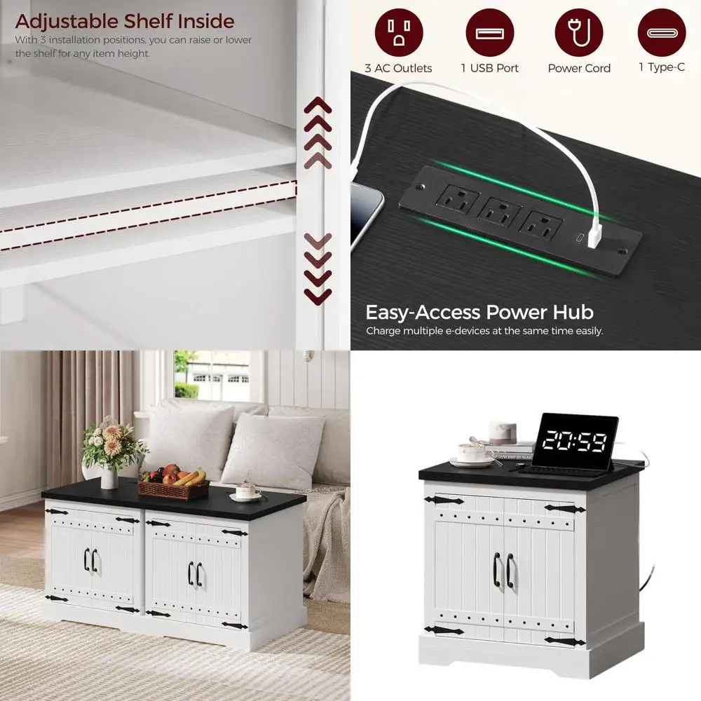 

Большой квадратный деревянный приставной столик 23,6 дюйма с зарядной станцией, прикроватная тумбочка для гостиной и спальни, белый и черный