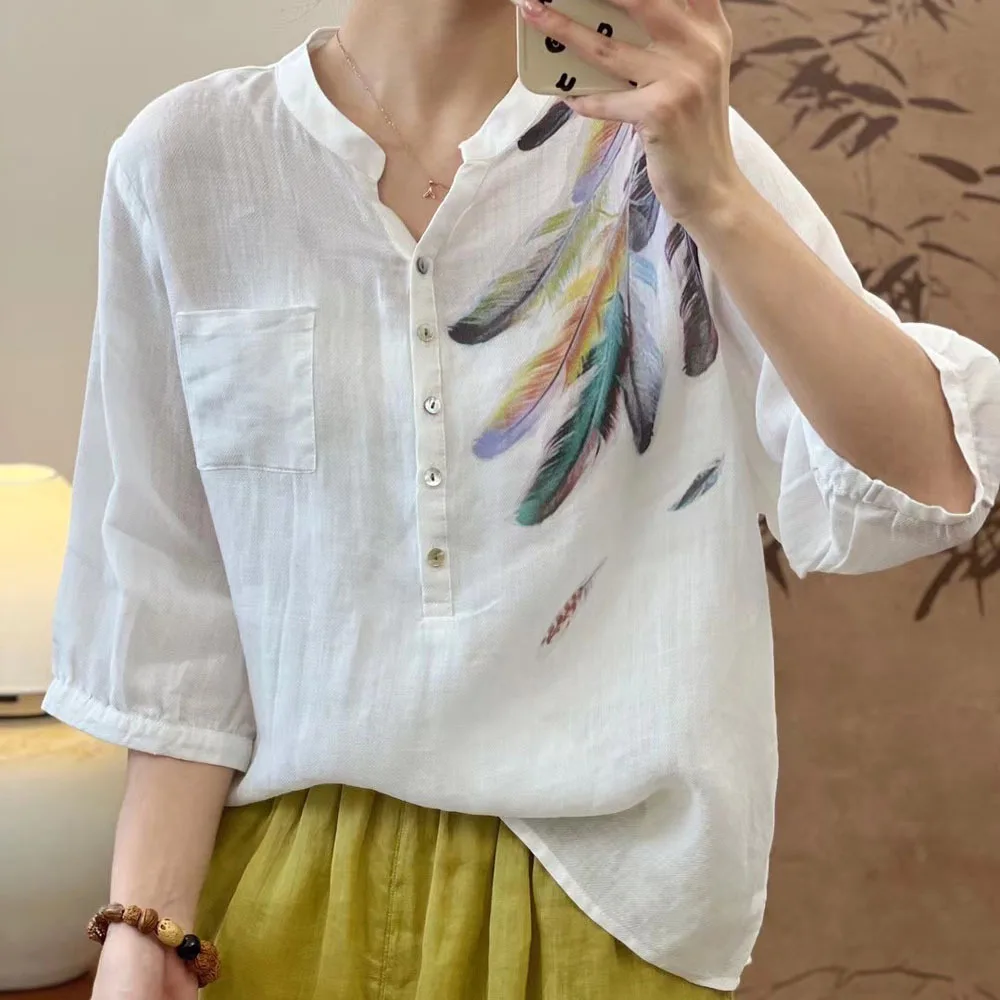 New Summer Ramie 3/4 Sleeve Shirt Stand Neck Feather Printing Top Girl Sweet Fashion Casual Loose Blouse 2024 Autumn T46257QM