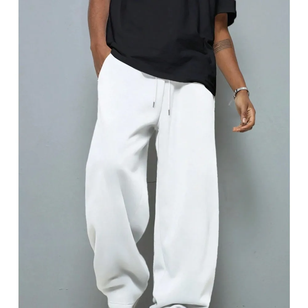 

American Street Fashion Men's Solid Color Drawstring Waist Wide Leg Loose Casual Sports Pants