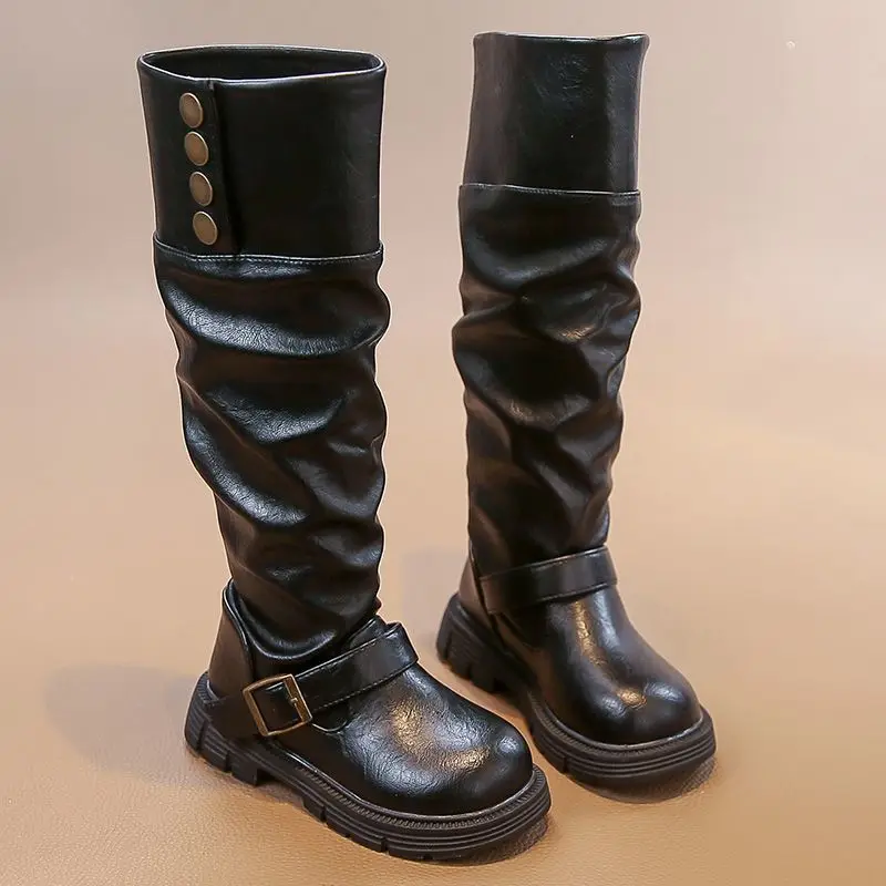 

2026 Autumn Winter New Girls Knee High Boots Soft Sole British Style Kids Fashion Leather Long Boots