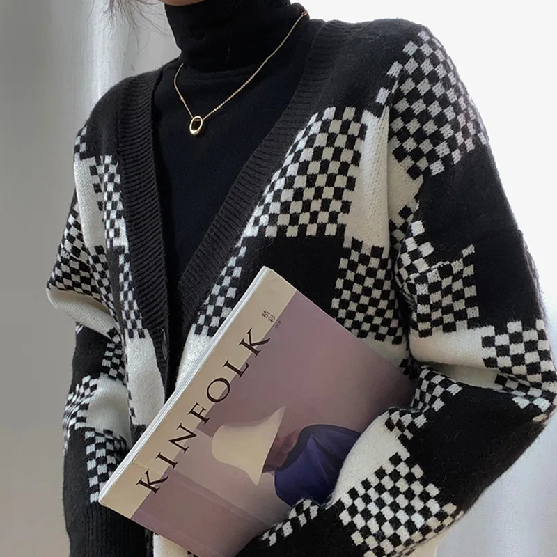 Cardigan Curto de Malha Xadrez com Decote em V e Manga Longa Dongda Gate Primavera Outono 2025 Moda Fena Premium