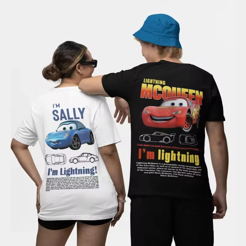 

Семейная летняя мужская и женская футболка с рисунком Sally I'm Lightning Cars McQueen, аксессуары, забавный хлопковый топ для пар, детская футболка
