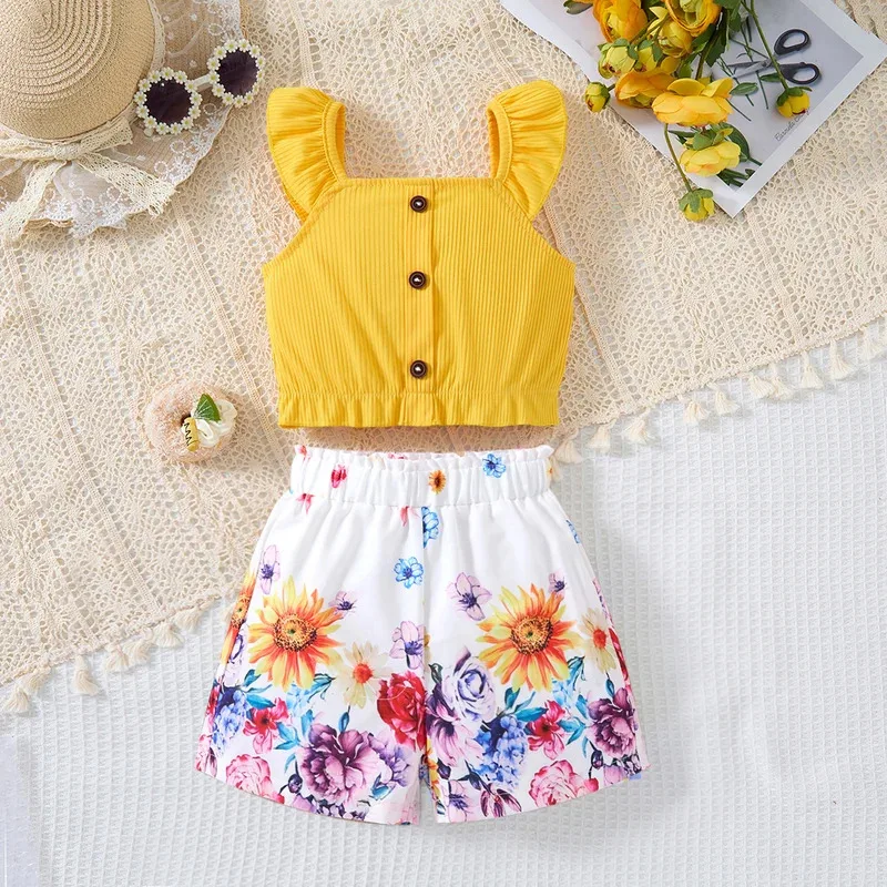 

XT8Kids Girl Summer Flying sleeve Yellow Casual Top + Printed Pants Two-Piece Set Children's Costume Outdoor Vacation CasuaXT6@!