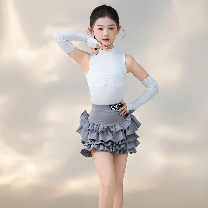 

2026 Children Latin Dance Practice Clothes For Girls Sleeveless Tops Split Skirts Suit Chacha Rumba Latin Dance Wear XH4255