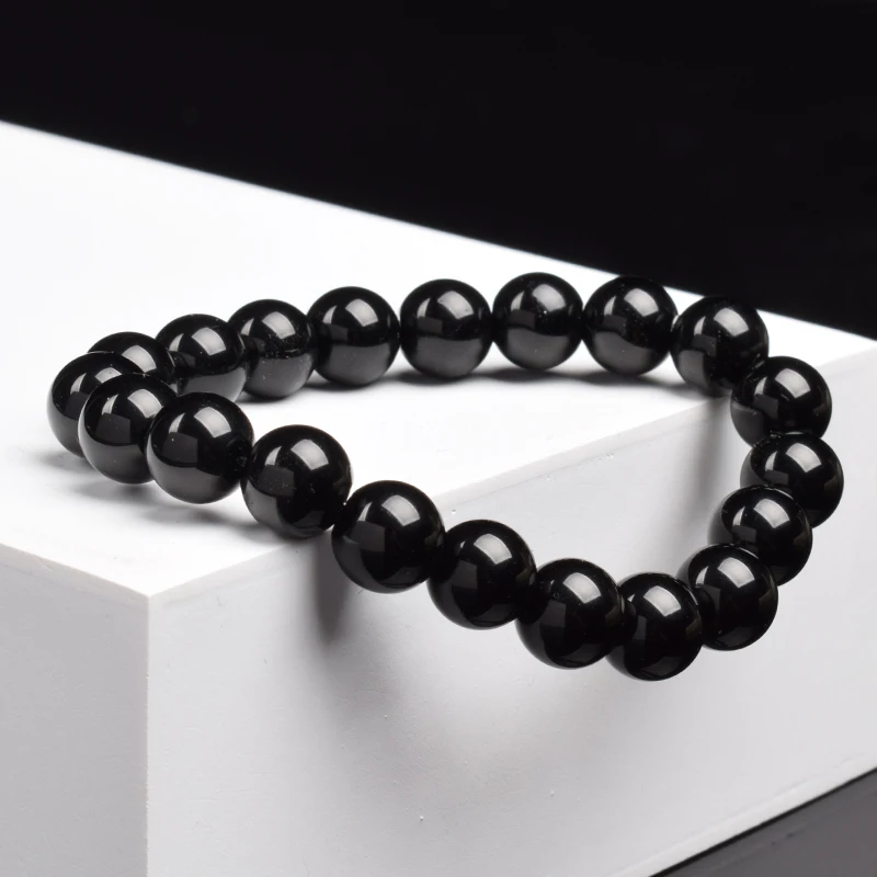 Pulsera de cuentas de ágatas negras para hombres y mujeres, piedra Natural de ónix negro genuino, cuentas redondas lisas de 6mm y 8mm, joyería de