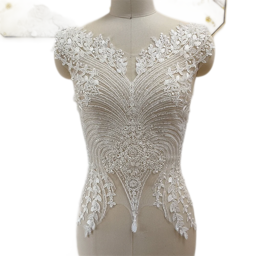 Wedding Dress Bodice Sewing on Embroidery Lace Patch Ivory 1 Piece Luxurious Beaded Tulle Mesh Lace Applique