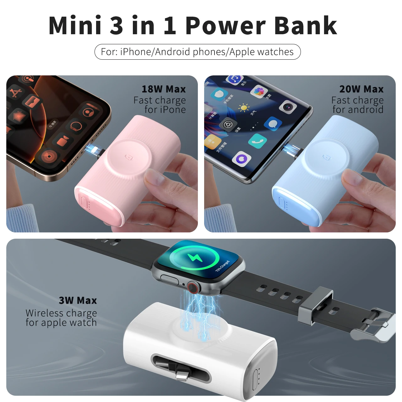 5000mAh Power Bank with Watch Wireless Charger, Dual Head 20W Fast Charging Portable Battery for iPhone Samsung