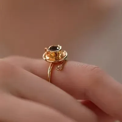 Wholesale Vintage Creative Ring Unique 18K Gold Plated Coffee Cup Spoon Finger Band Natural Black Stone Niche Anti-rust Jewelry