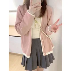 Pink Knitting Cardigan Coat Women Autumn Winter Simplicity Loose Long Sleeve Knitwear Tops Casual All-match Knitting Sweater