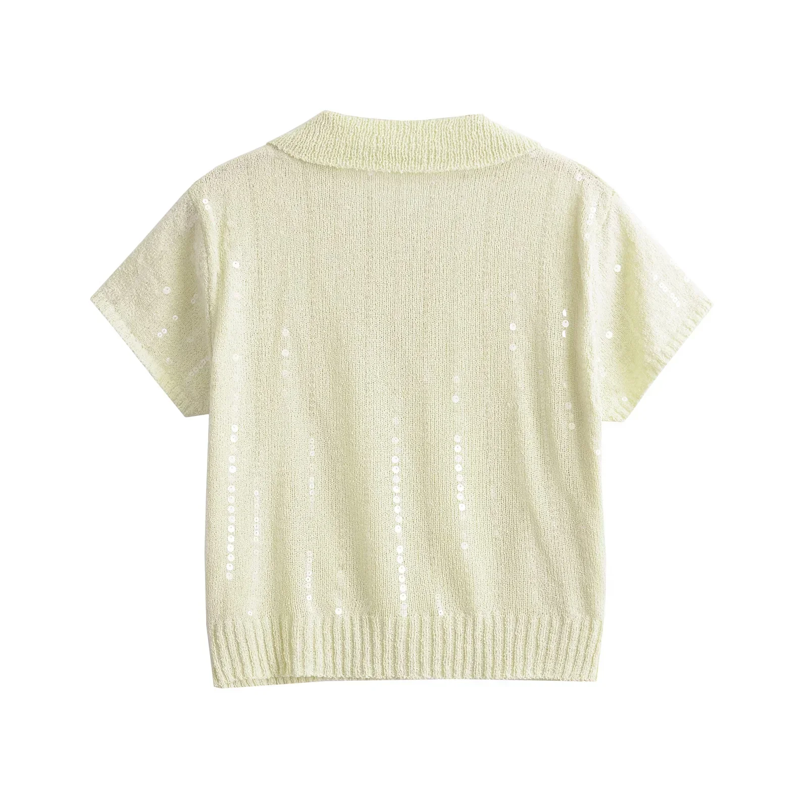 TRAF Thin Summer Knitted Shiny Sequins Women Tees Short Sleeve Buttons POLO Collar Female Crop Top Y2K T-Shirt Jumper