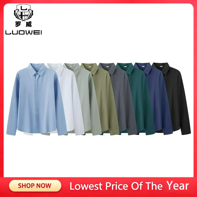 Men Business Casual Shirt Fitted Solid Elastic Long-sleeve Shirt Exquisite Spring Summer Formal Work All-Match Gentleman Shirts