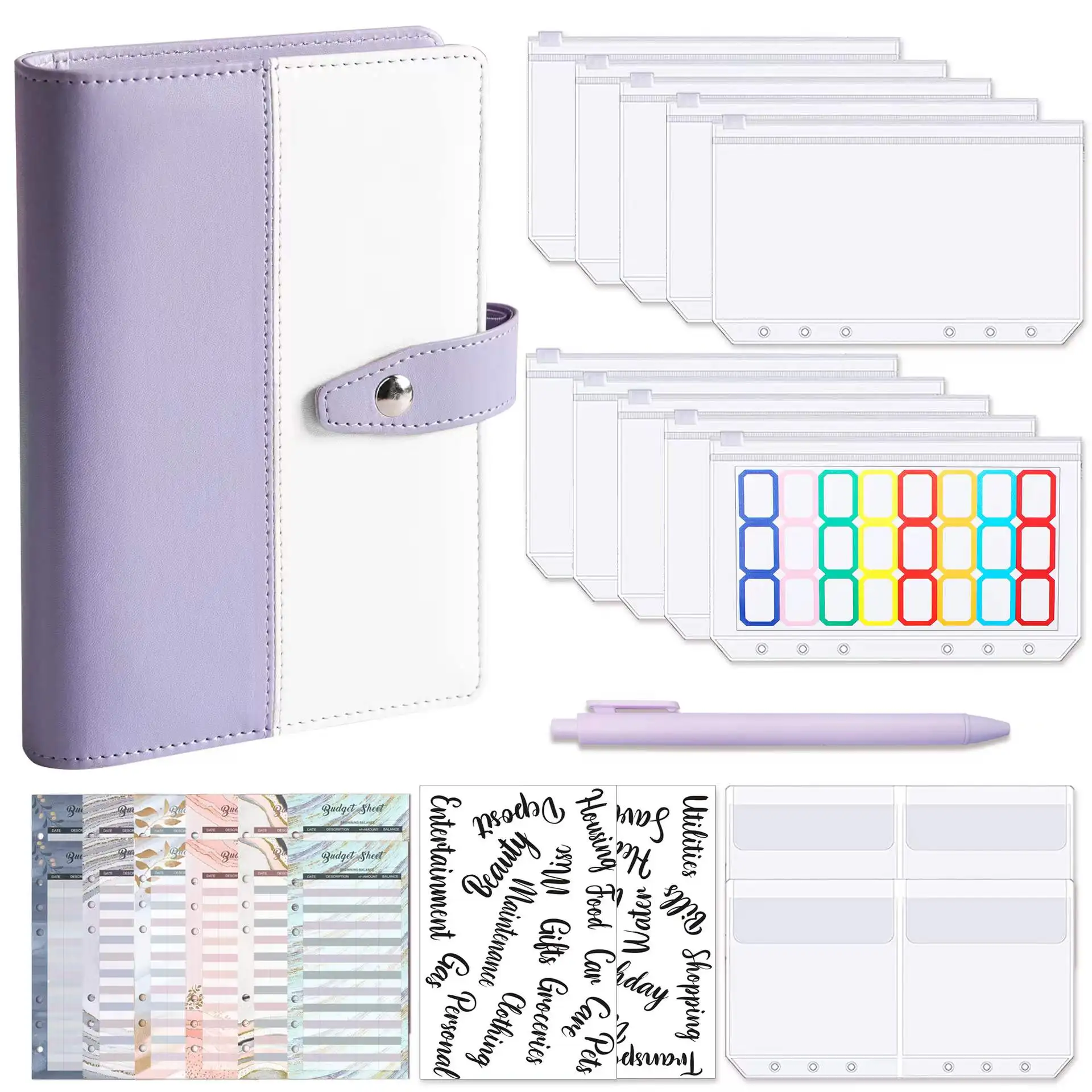 A6 Budget Binder Planner Organizer Cash Envelopes with 12 Binder Pockets, Expense Budget Sheets, Sticker Labels for Money Saving