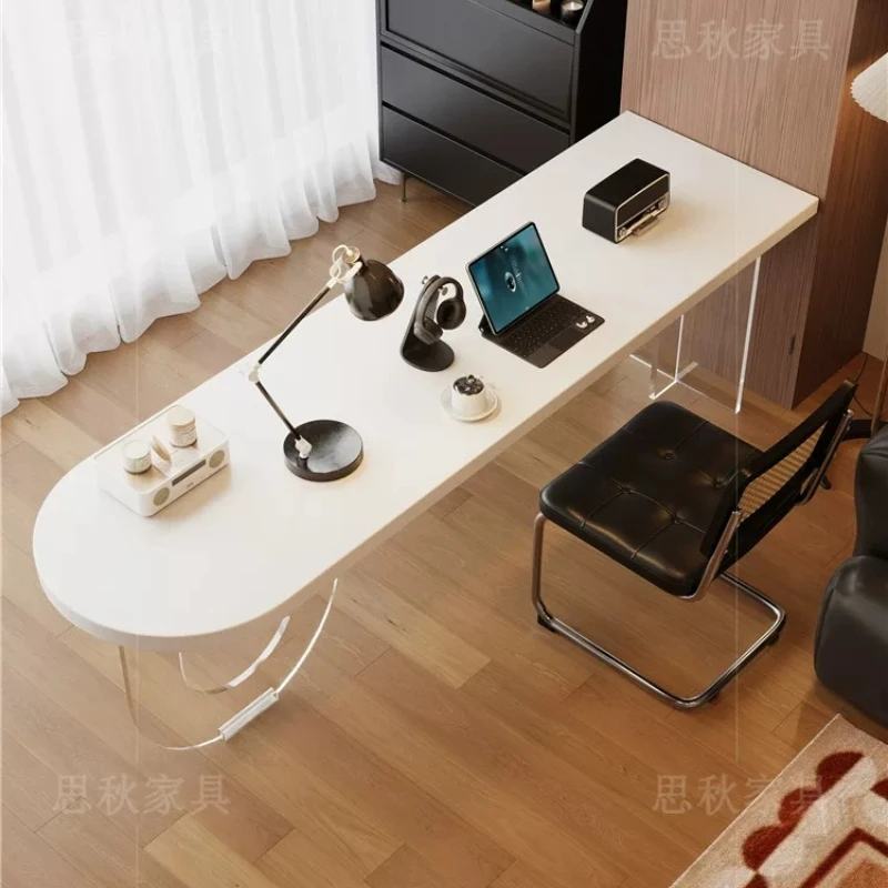 Italian Style White Solid Wood Desk Nordic Creative Oval Acrylic Floating Computer Desk Study Bedroom Furniture مكتب عائم FYFD view 3