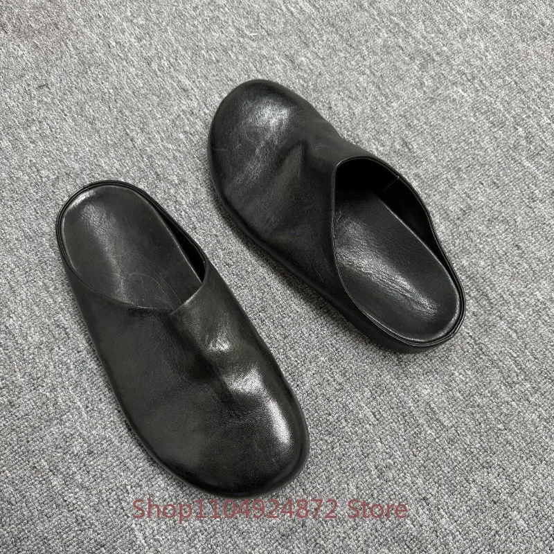 Handmade Vintage Washed Genuine Leather Mules Round Toe Slip on Casual Half Slippers Men's Shoes Fashion Flat Slide Shoes Male