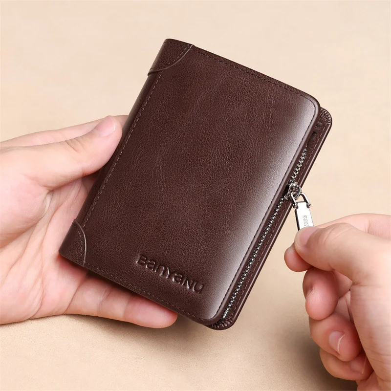 Genuine Leather Wallets For Men Vintage Multi Function Business Purse RFID Blocking Zipper ID Credit Card Holder Mens Wallet