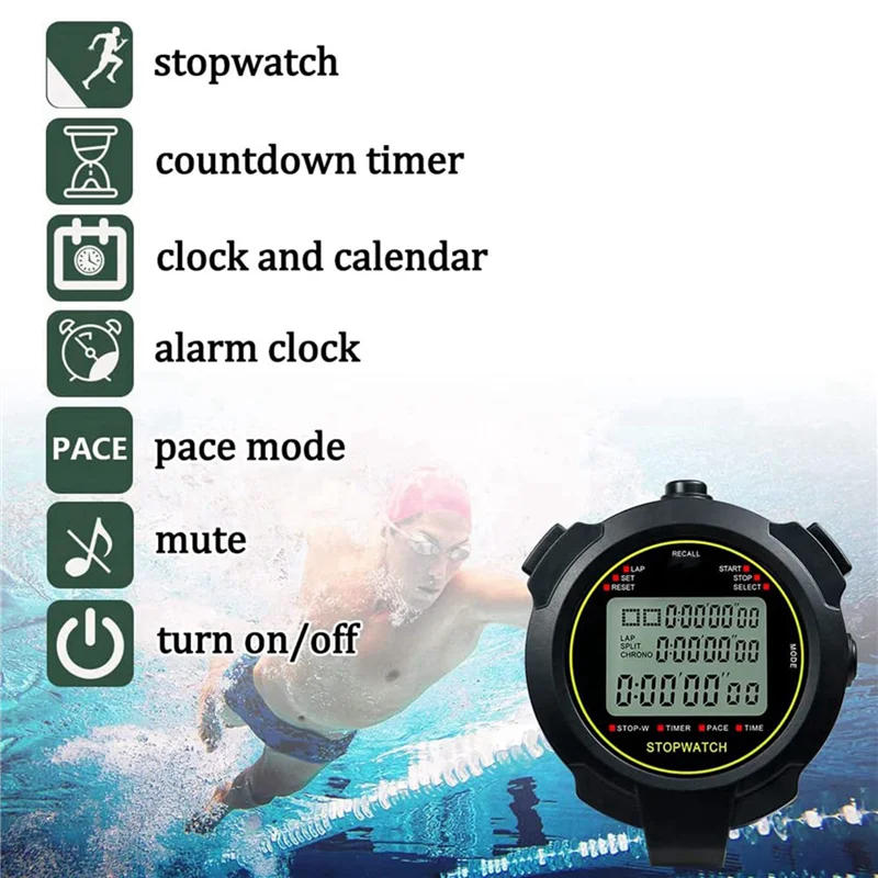 PHFU-2X Digital Sports Stopwatch, 10Lap /Split Memory Stopwatch Count Down Timer, Large Display Waterproof 12/24 Hour Clock