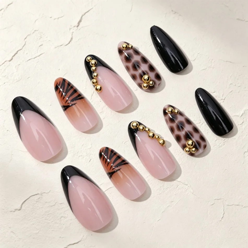 Edgy Leopard Zebra Print Press On Nails Black Nude Contrast Rhinestone‑beaded Stiletto False Nails Reusable Rock‑chic Party JT39