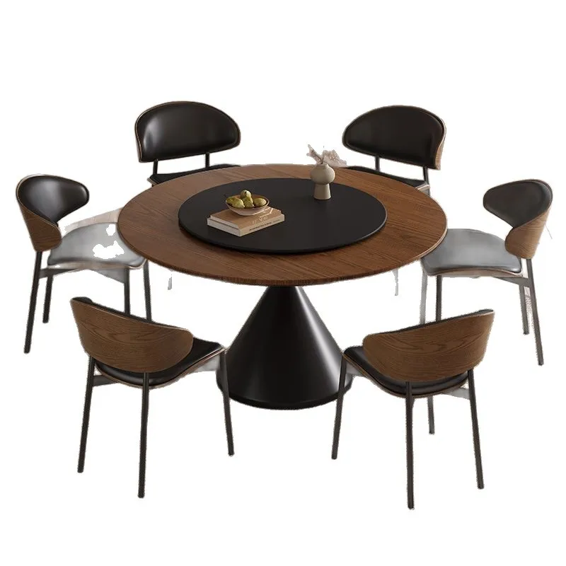

Antique parquet round table, solid wood texture round rock slab dining table French retro small apartment household