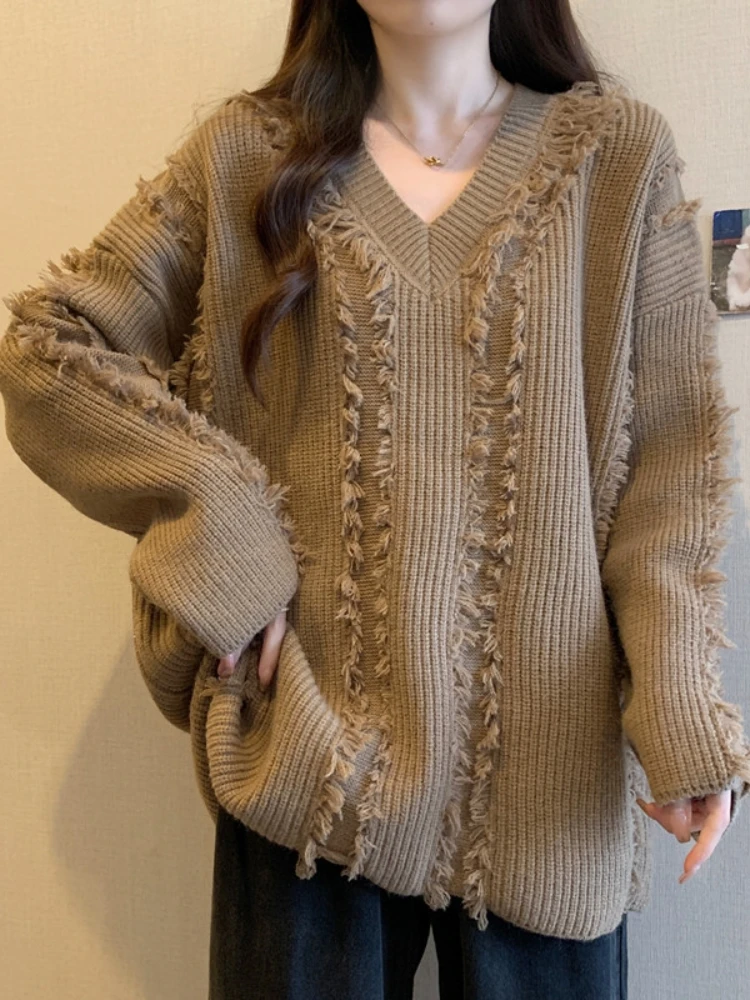 

Lazy Style V-Neck Midi Sweater Women's Spring Autumn plus Size Fleeing Design Knitted Top for Plump Sister Korean Commute Sty...