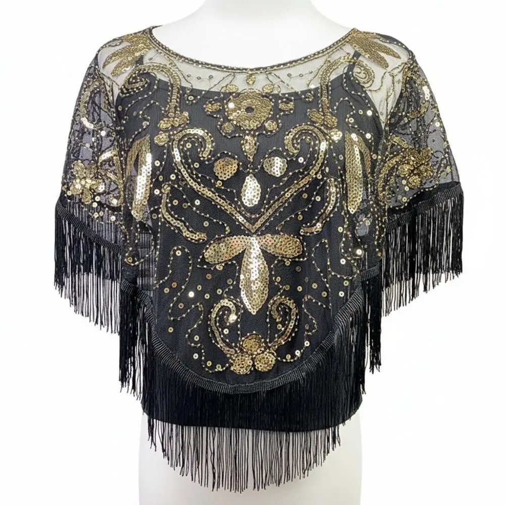 

Модная женская тюлевая накидка с пайетками и бисером, V-образным вырезом и бахромой, разноцветная, ажурная, для вечерних мероприятий, выпускных и свадеб, аксессуар