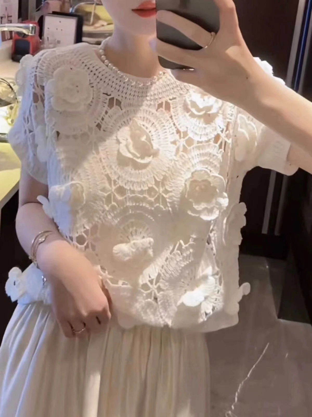 Crochet Sweater Pullover For Women 2024 Summer Stereo Flower Hollow Knit Tops Knitwear Elegant Stylish Vintage Ladies Jumpers