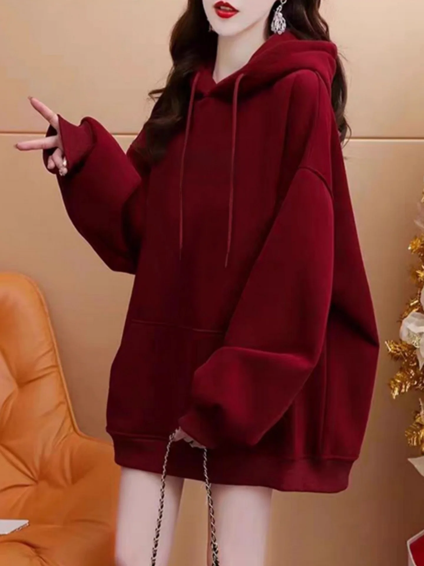 

Wine Red Hooded Sweatirt Women's New Year Print Fce Lined Winter Jaet Trendy Korean Sle Long Sve Top