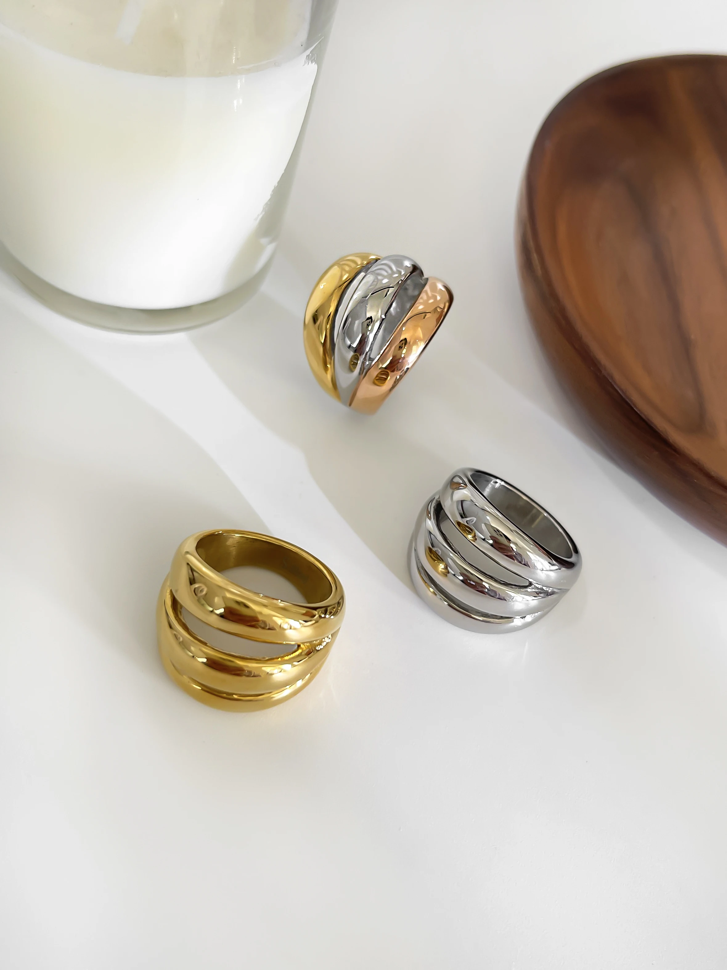 GHIDBK Stainless Steel 18K Gold Silver Plated 3 Splicing Color Chunky Dome Ring Multi-Layer Hollow Rings for Women Men Unisex