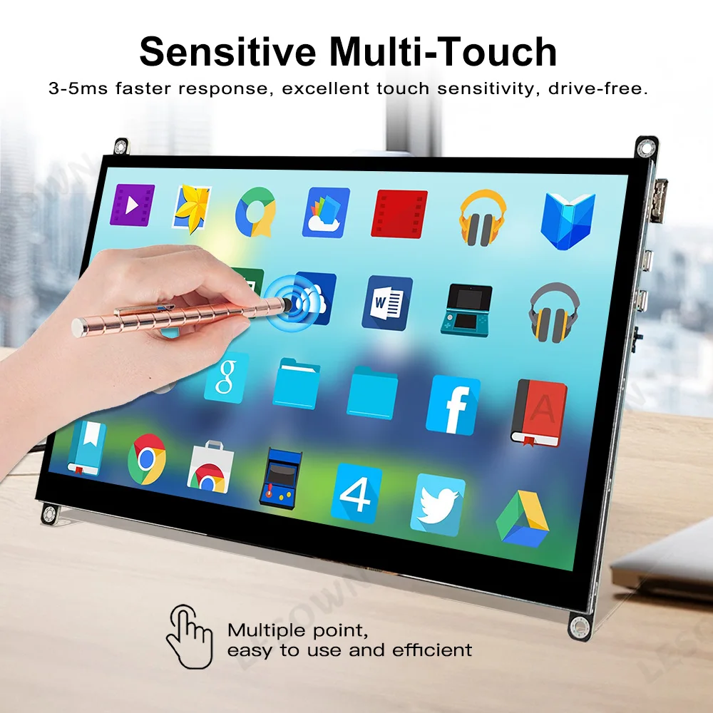 LESOWN Raspberry Pi Display 10,1 inch touchscreen monitor 1024x600 HDMI 5V USB-aangedreven 16:9 IPS-scherm voor Raspberry Pi 4/3/2