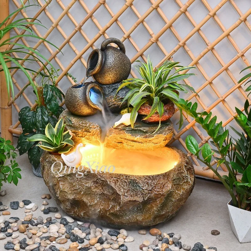Rockery Water Fountain Ornament Stacked Jar Cascading Water Fish Pond Landscape Decor with Plant Nook for Patio Garden