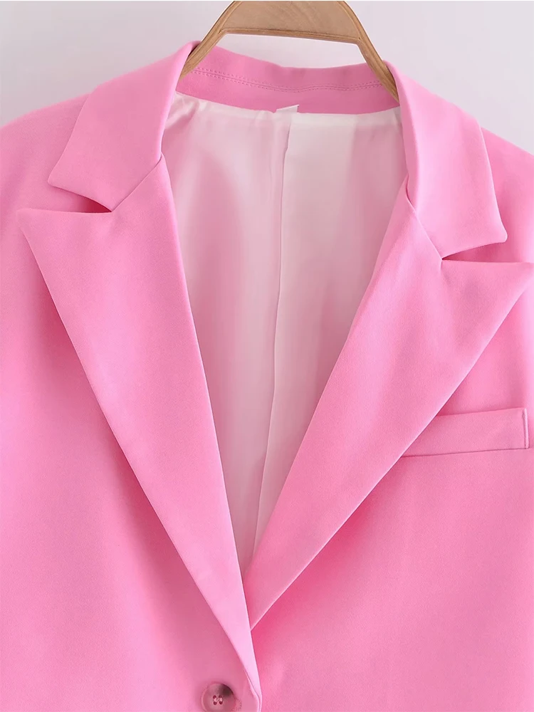 YENKYE 2023 Women Single Button Pink Crop Blazer Vintage Long Sleeve Lapel Collar Elegant Ladies Office Suit Coat