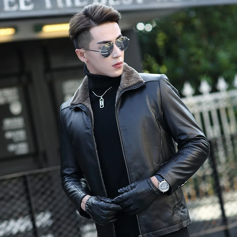 

Shearling Genuine Leather Clothes Mens Sheepskin Lamb Fur Winter Thickened Jacket Coat