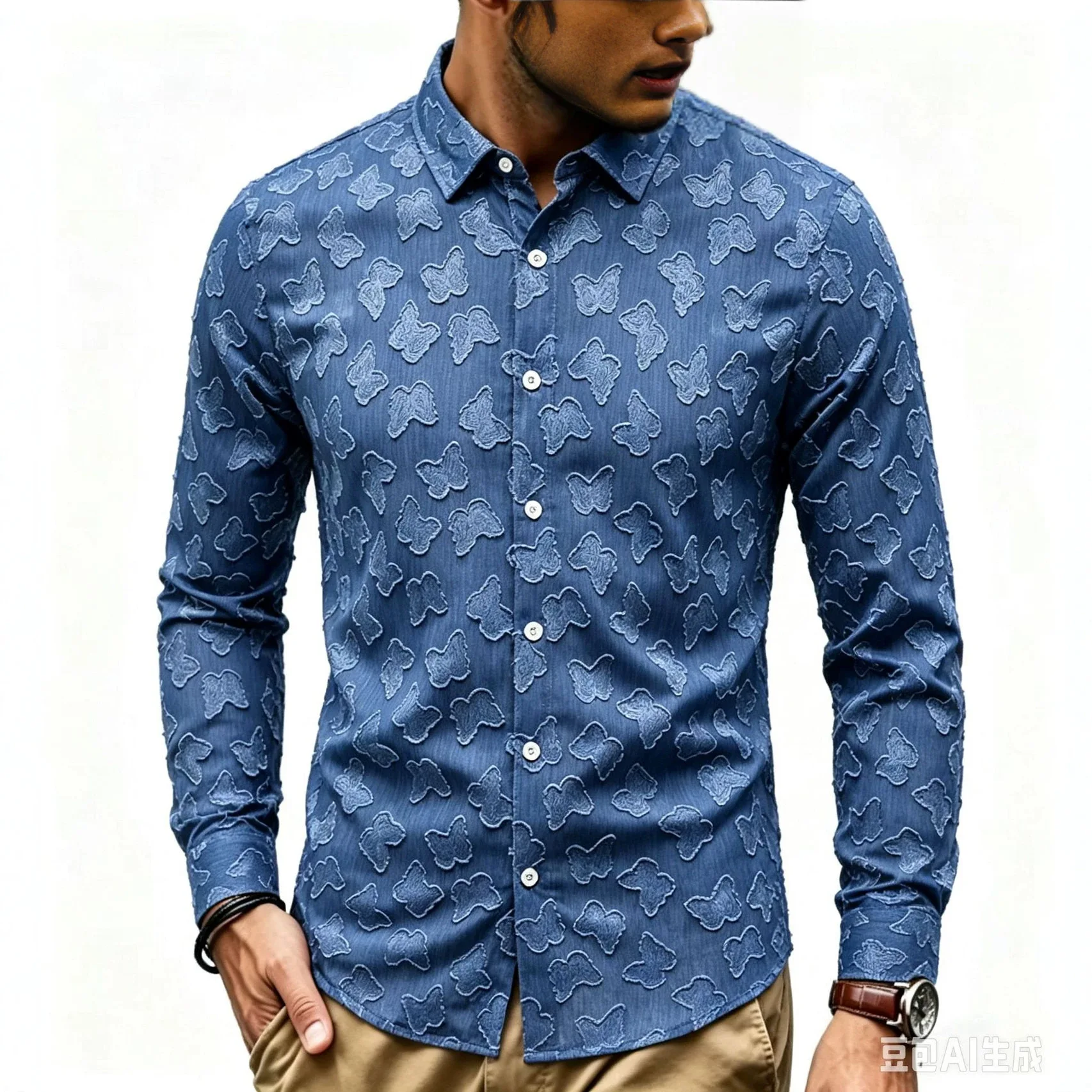 Men's Fashion Butterfly Jacquard Retro Long Sleeve Shirt European American Autumn Casual Shirts for Daily Party Social Nightclub