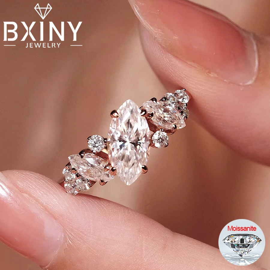 

BXINY 1 карат кольцо с муассанитом огранки маркизы 100% S925 посеребренное 18-каратное золото для женщин обещание обручальное кольцо ювелирные изделия подарок