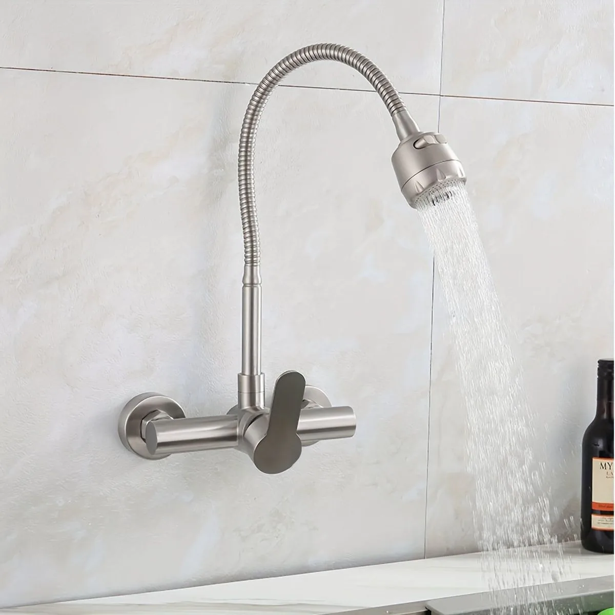 صنبور مطبخ مثبت على الحائط، مقبض واحد، صنبور حوض تجاري، هيكل من الفولاذ المقاوم للصدأ، تشطيب من النيكل المصقول