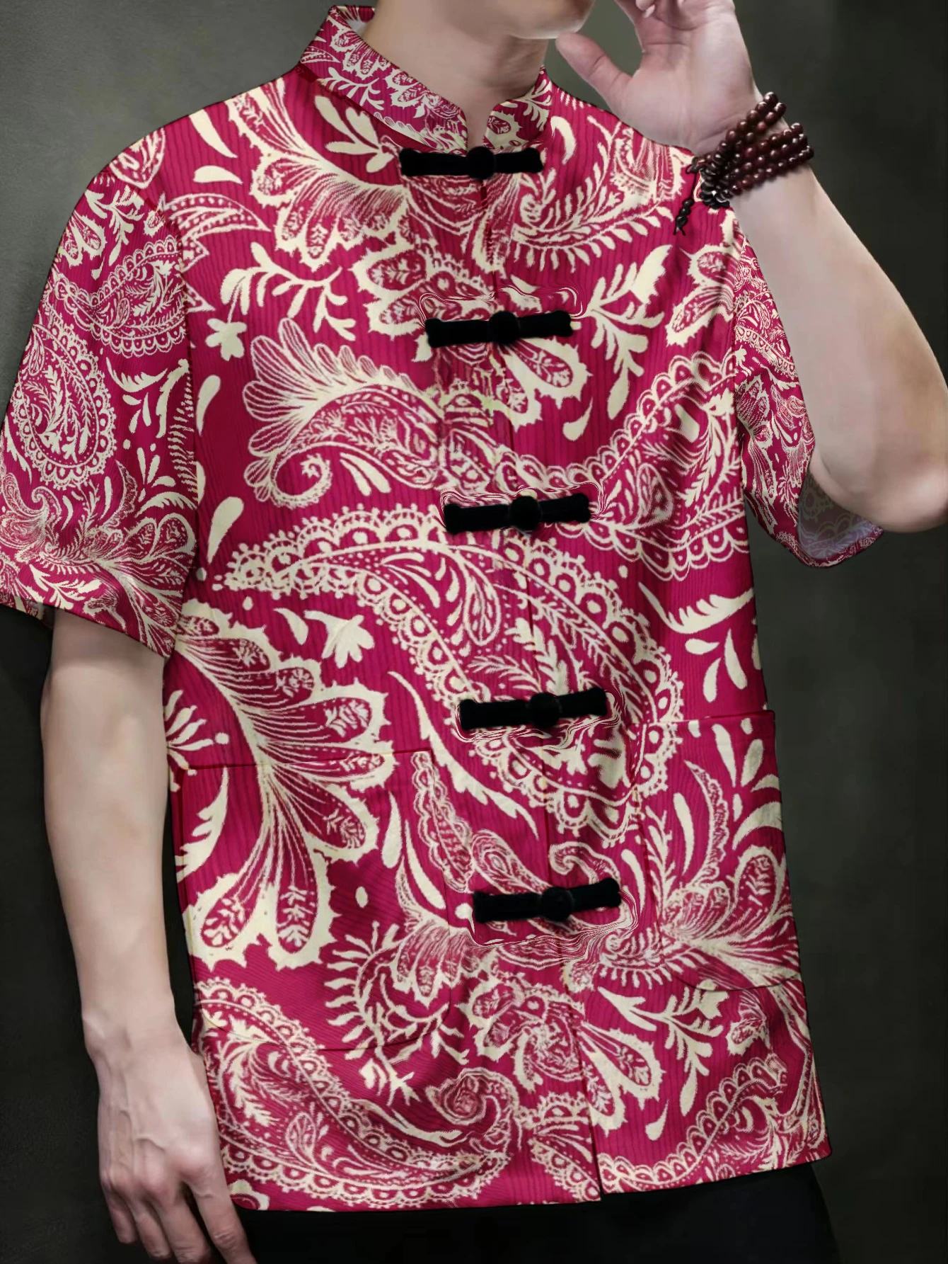 男性用、中国風の唐装、半袖シャツ、伝統的な蛙ボタン、スタンド - Ethnic Wear Fashion Designer のレビューと価格