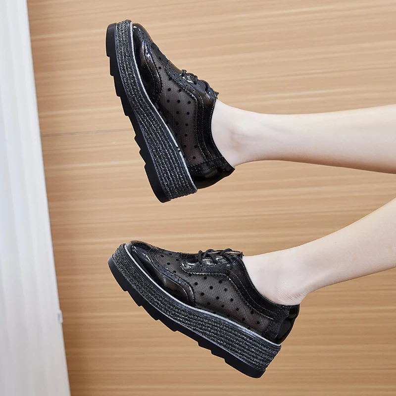 AIYKAZYSDL Lovely Lolita Patchwork Mesh Net Oxford Loafers Platform Wedge Heel Thick Sole Bottom Boat Casual Shoes Women Flats
