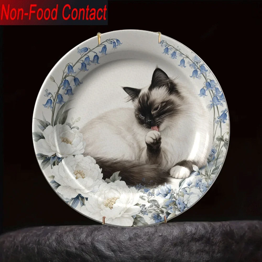 2D Flat - 1pc Hand-Painted-Look Ceramic Decorative Plate - Chinese Peony & Cat (Maneki-Neko) Design, Round Non-Food Serving